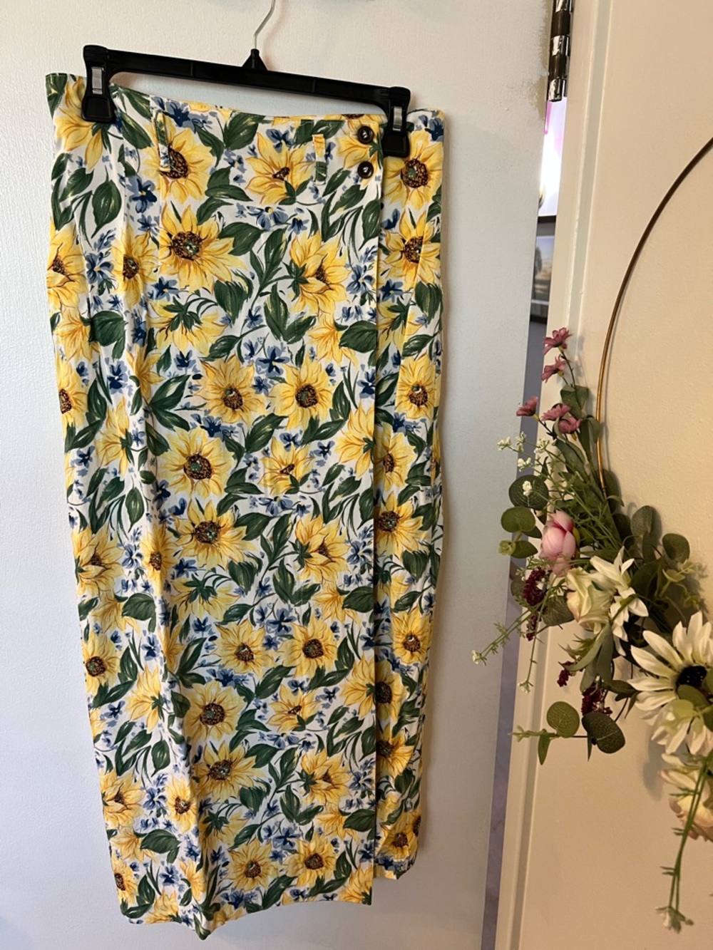 90’s Sunflower Yellow & Green Floral Wrap Maxi Skirt
